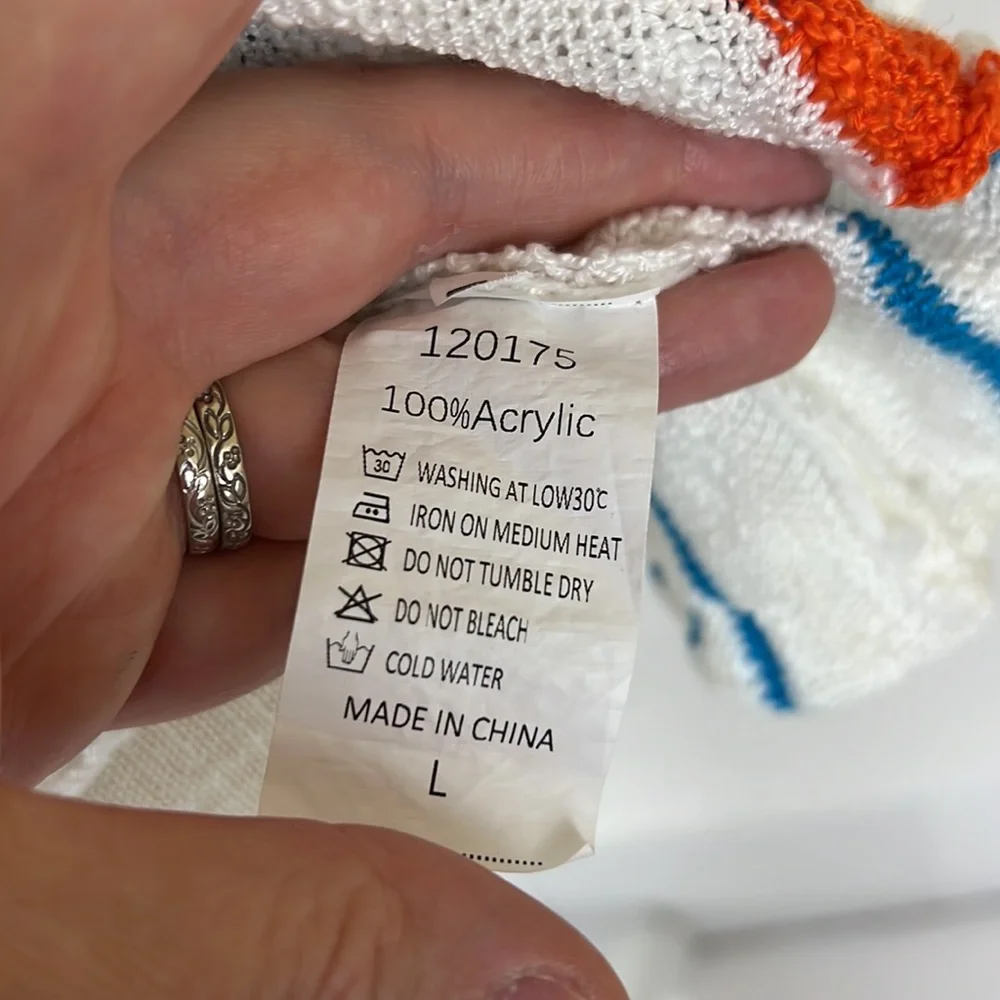Casual white shirtsleeve sweater with blue and red-orange stripes bell s… - Picture 4 of 4